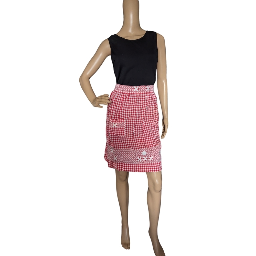 Vintage Handmade Red & White Gingham MCM 1950s Embroidered Apron